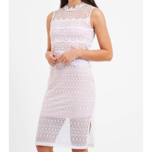 French Connection Ramona Lace Sleeveless High Neck Knee Length Dress White 8 - Picture 1 of 8